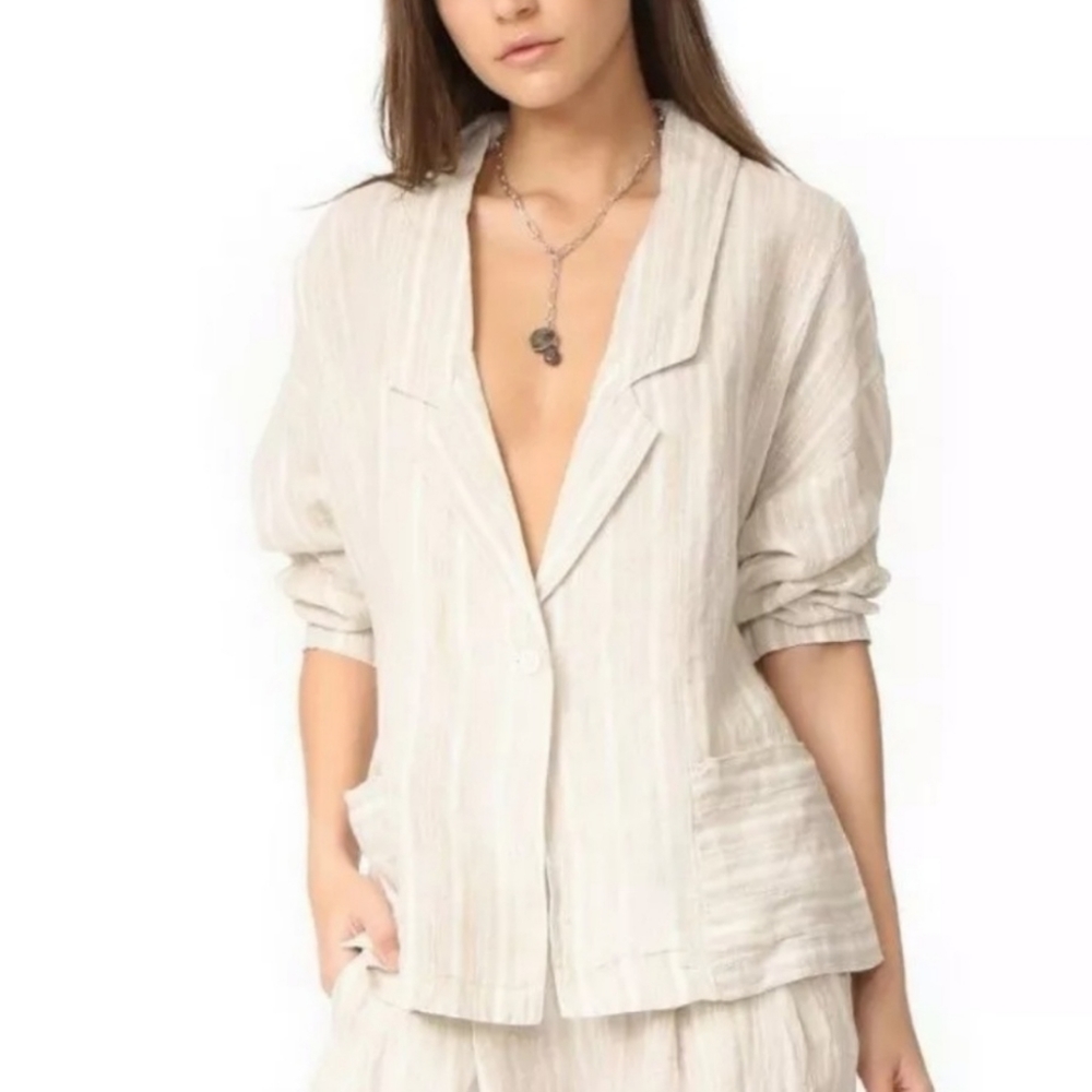 Free People Blazer Jacket Suit Linen Striped Cream Pockets Boho XS Oversized